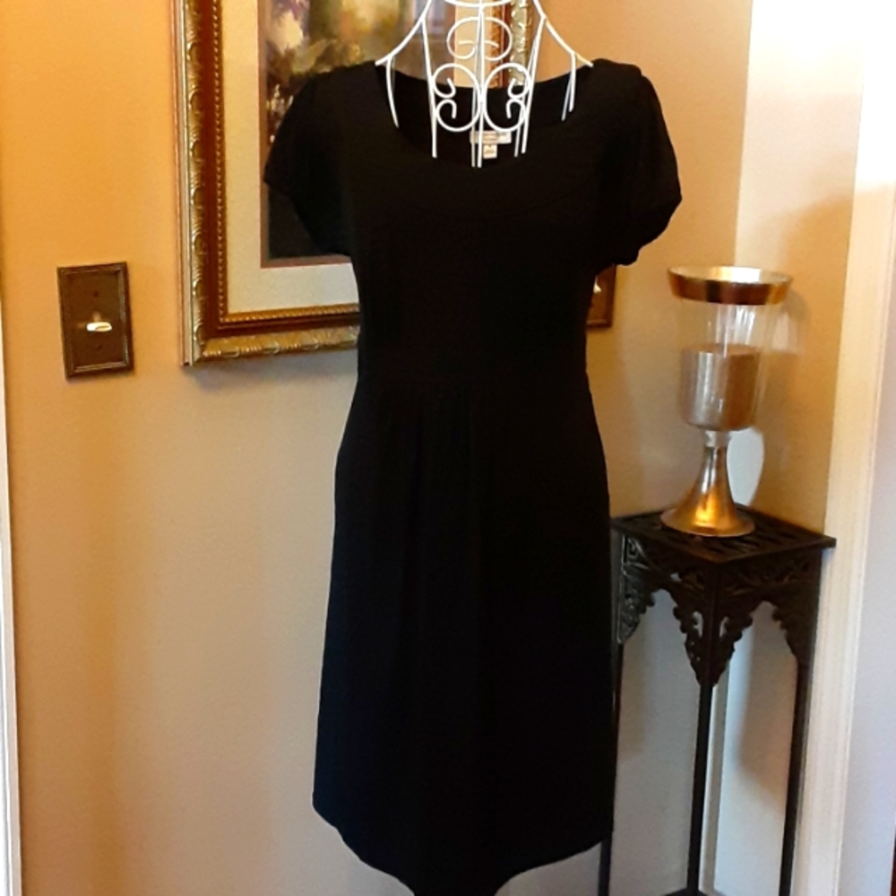 Liz Lange Maternity black stretch cap sleeve tie waist dress Round Neck M EUC…